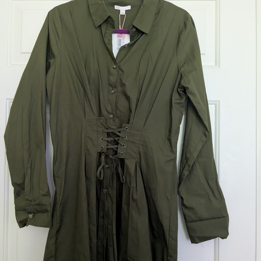 Olive Green Lace-Up Shirt Dress